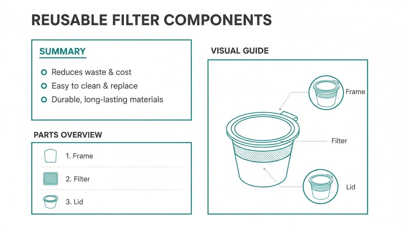 Infographic details reusable coffee filter components including frame, filter, and lid, highlighting its benefits.