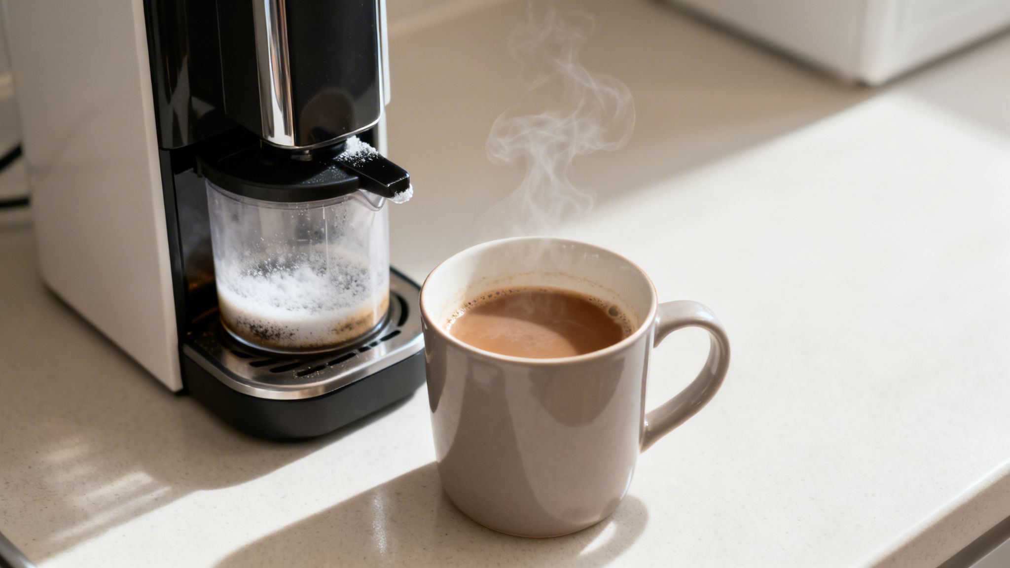 Hot coffee in a mug next to a coffee machine preparing frothed milk.