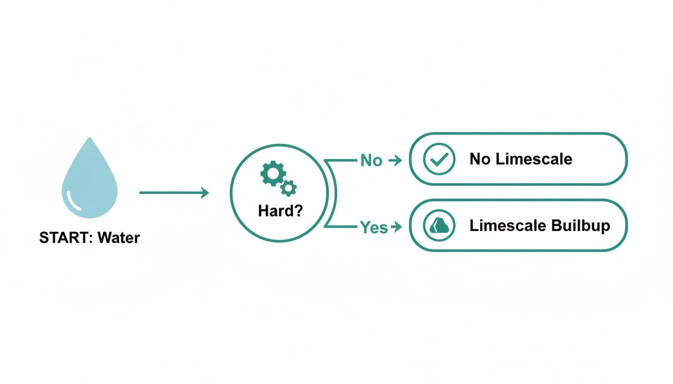 Flowchart illustrating the relationship between water hardness and limescale formation: hard water causes limescale buildup.