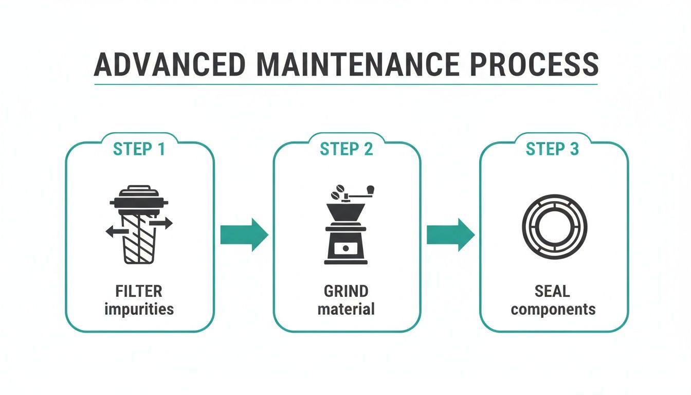 Infographic illustrating a three-step advanced maintenance process: filter impurities, grind material, and seal components.