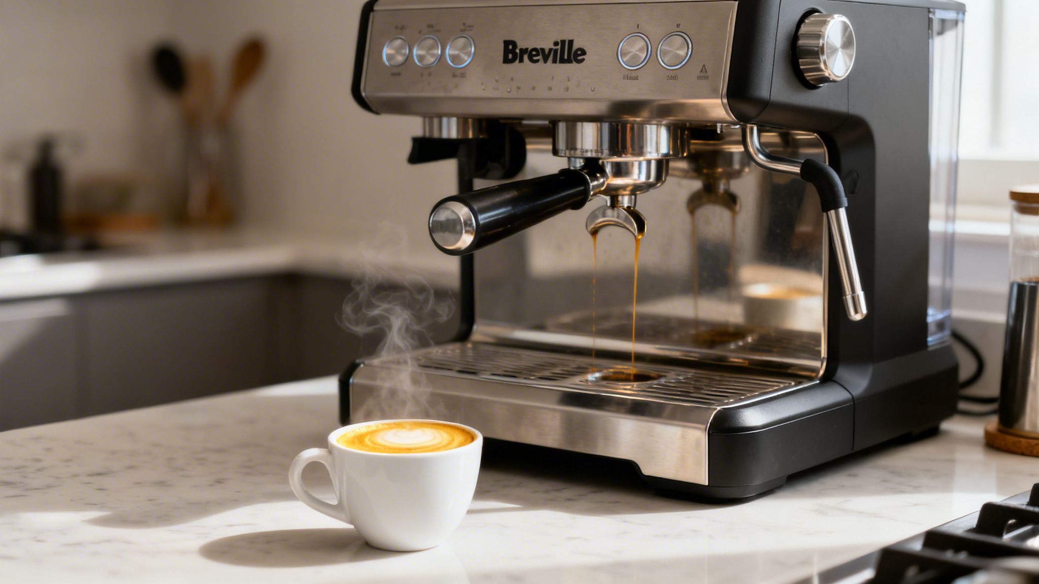A Breville espresso machine brewing coffee into a white cup with steam rising, on a kitchen counter.