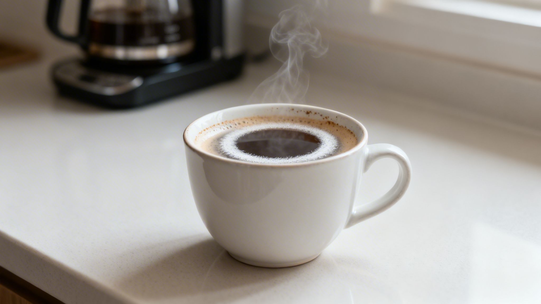 A hot cup of black coffee with visible steam on a white kitchen counter.