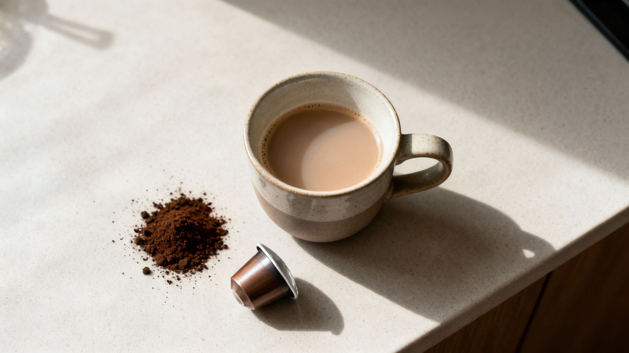 A mug of milky coffee, ground coffee, and a capsule on a sunny countertop.
