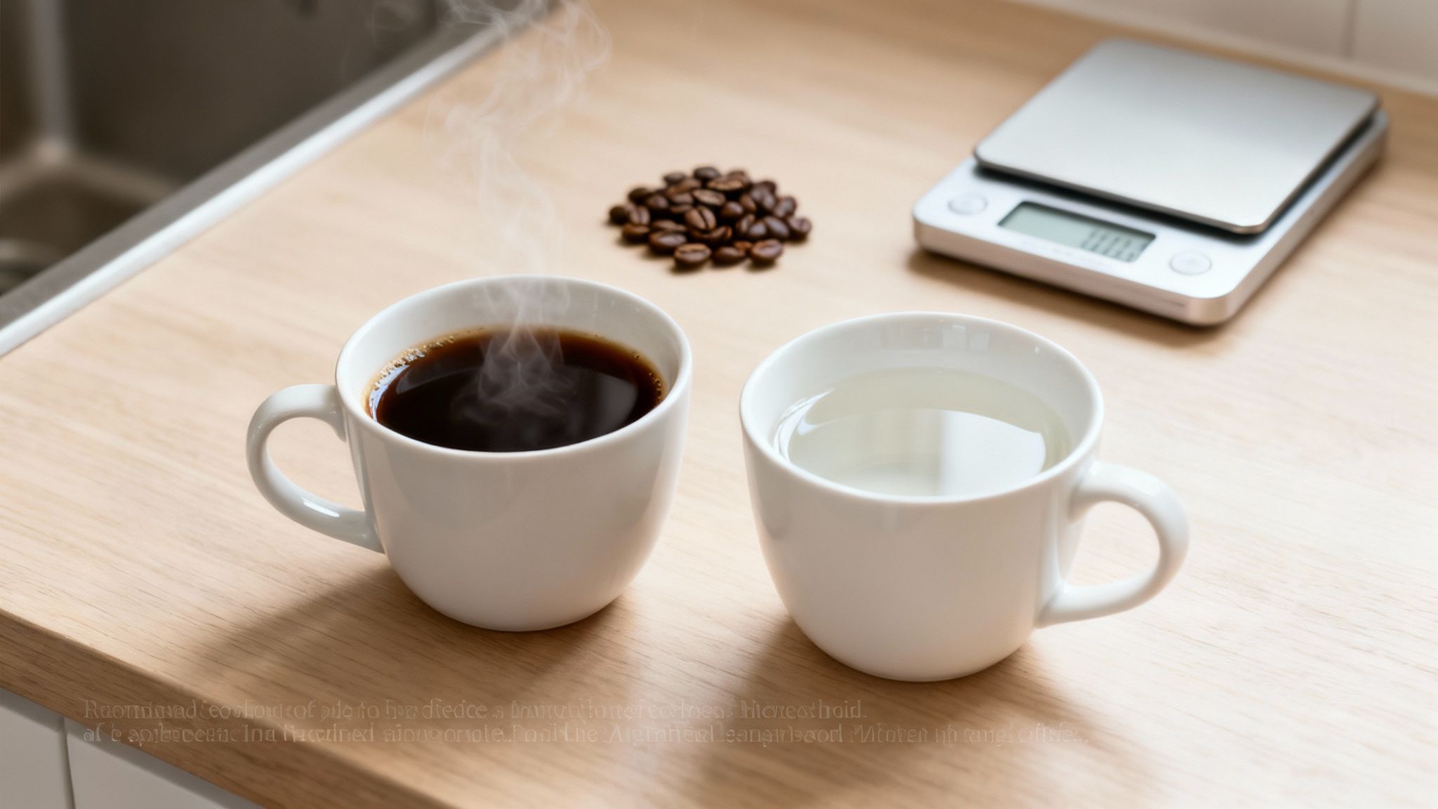 A cup of steaming black coffee, a cup of water, coffee beans, and a scale on a light wooden counter.