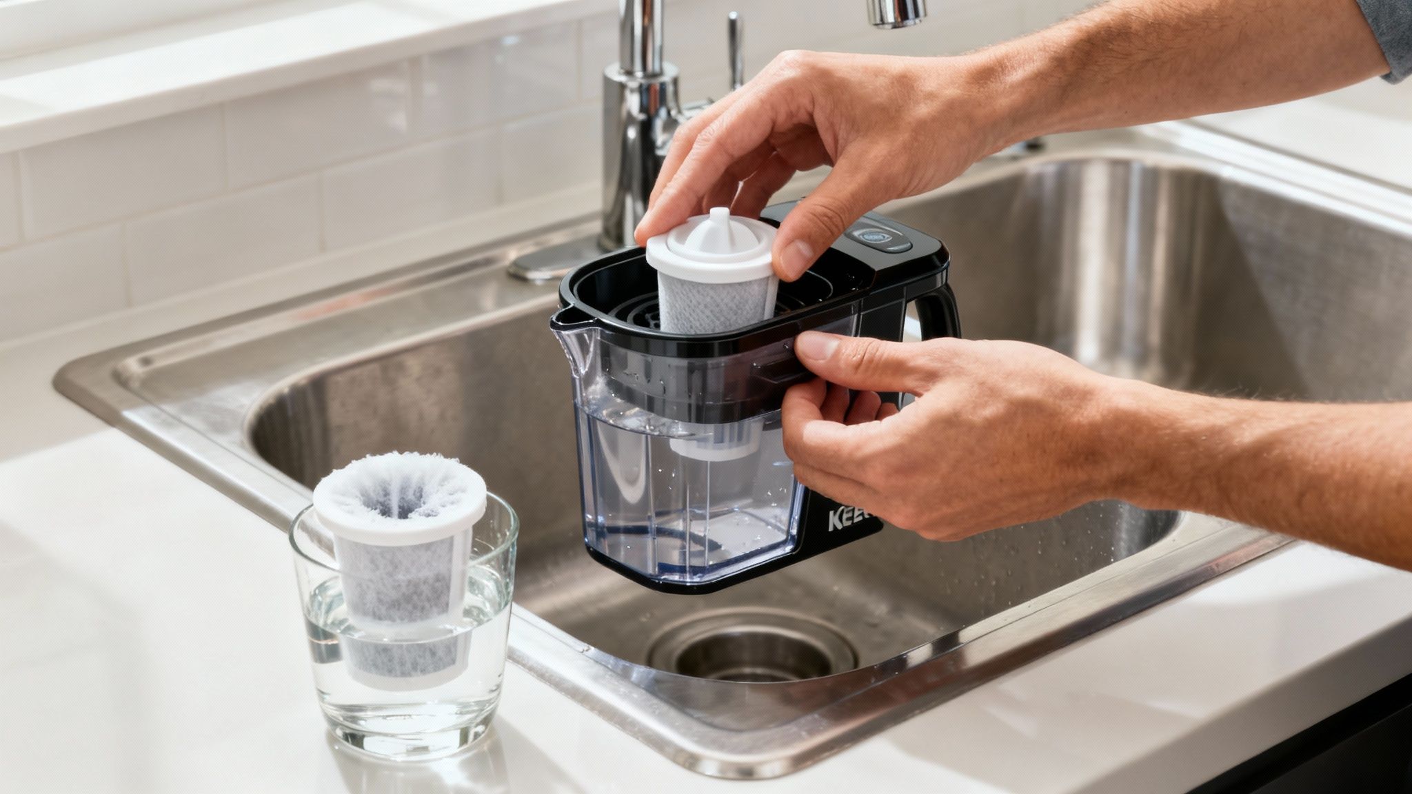 Hands place a new water filter into a clear pitcher above a kitchen sink.
