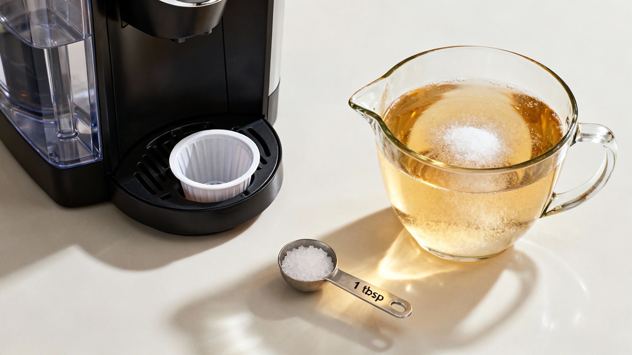 A Keurig coffee machine, a glass pitcher of water with dissolving salt, and a tablespoon of salt.