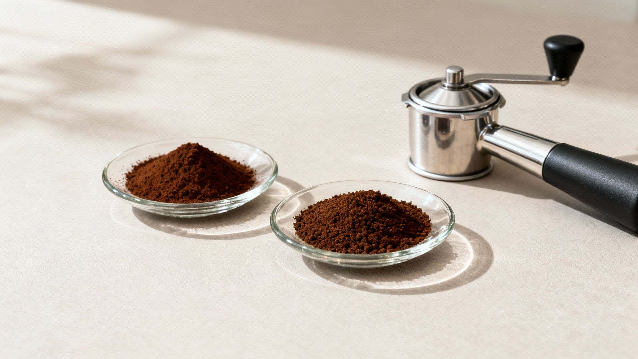 Finely ground coffee in two glass bowls next to a manual stainless steel coffee grinder.