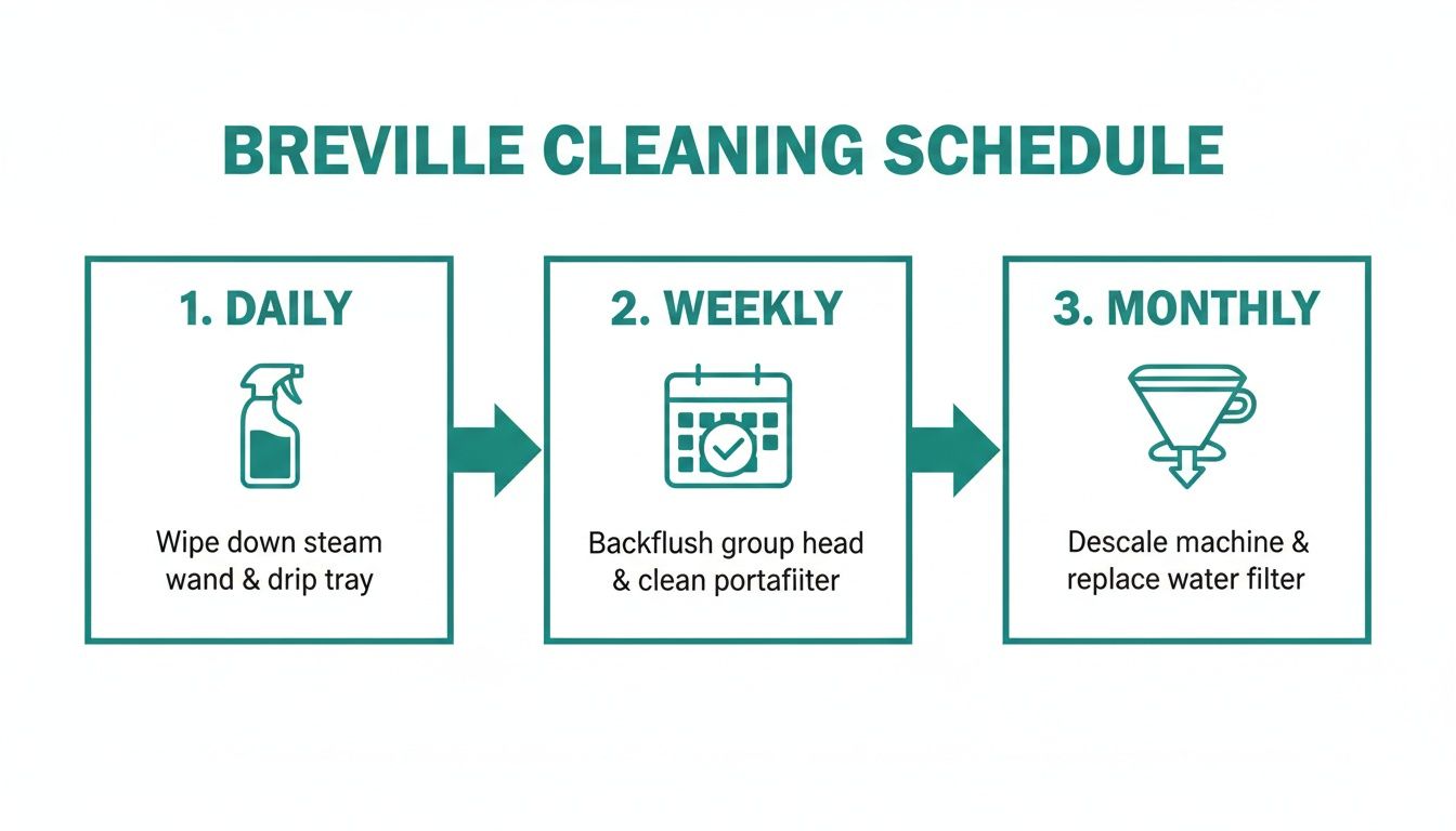Breville cleaning schedule infographic showing daily, weekly, and monthly maintenance tasks for coffee machines.