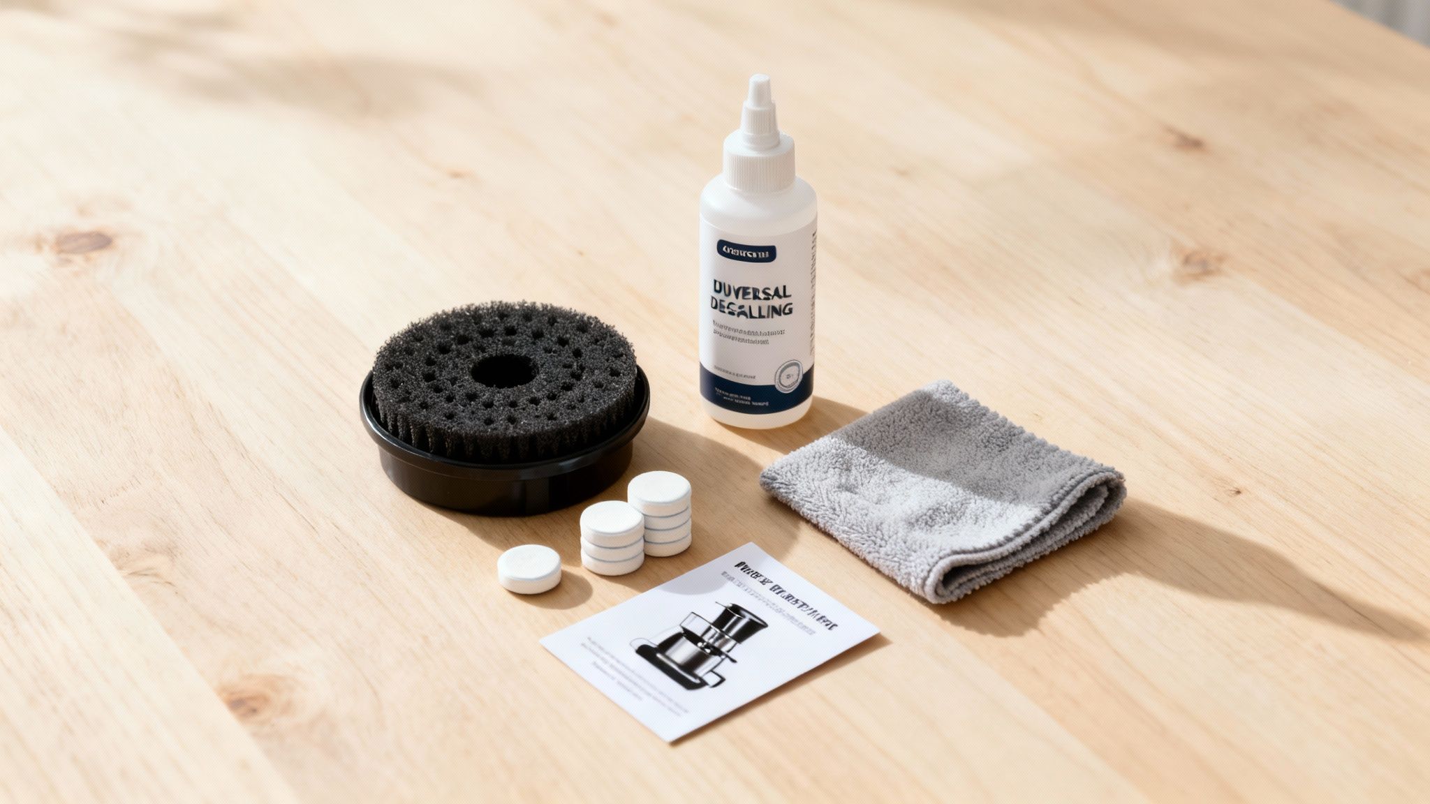 A coffee machine descaling kit featuring liquid, brush, tablets, cloth, and instructions on a wooden table.
