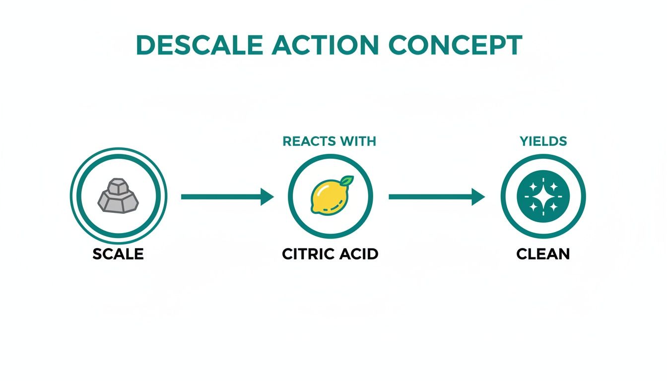 A diagram illustrates the descaling process: scale reacts with citric acid, yielding a clean surface.