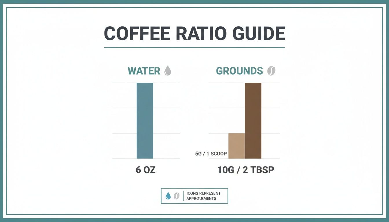A coffee ratio guide chart showing 6 oz of water for 10g or 2 tbsp of coffee grounds.