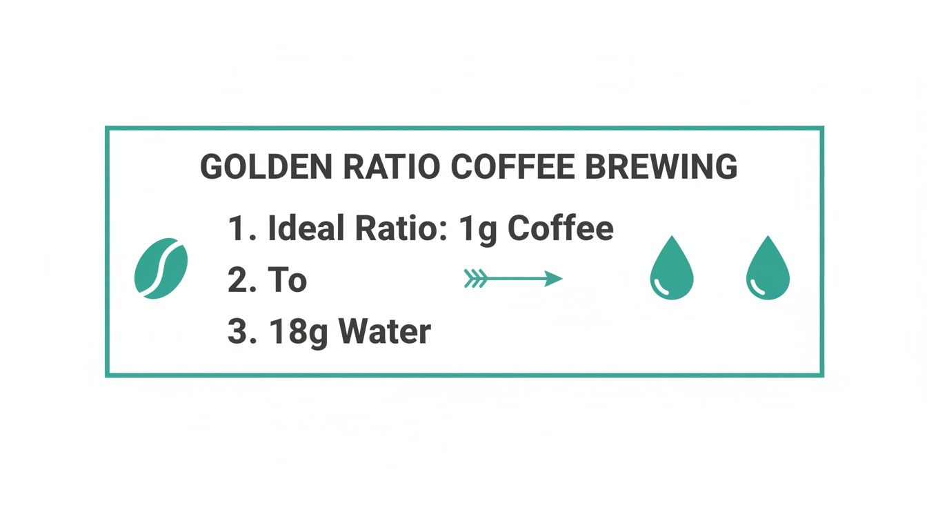Infographic explaining the golden ratio for coffee brewing, showing 1 gram of coffee to 18 grams of water.