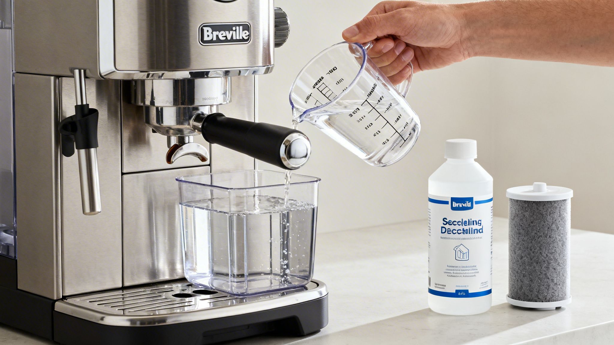 A hand pours water into a Breville espresso machine, next to a descaling solution and a water filter.
