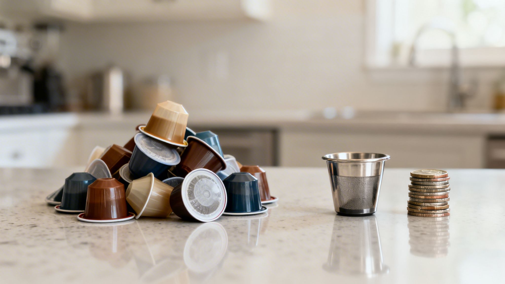 Used coffee capsules piled next to a reusable metal filter and a stack of coins on a kitchen counter.