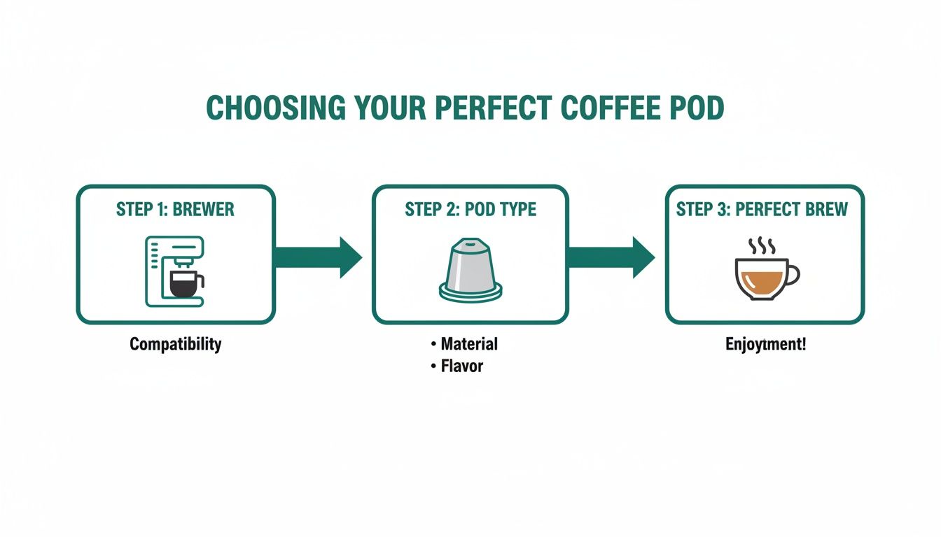 Flowchart outlining three steps to choosing your perfect coffee pod: brewer compatibility, pod type, and enjoyment.