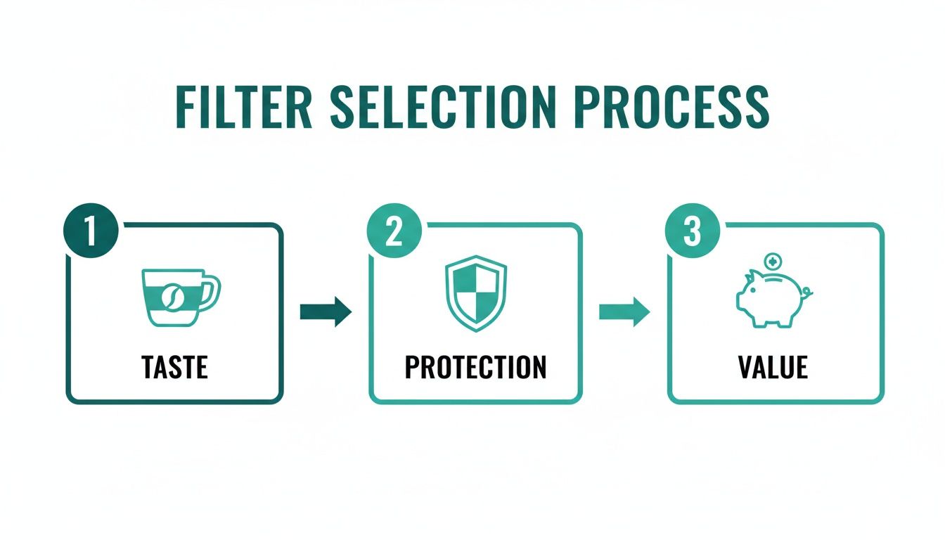 Flowchart illustrating filter selection process steps: taste (coffee cup), protection (shield), and value (piggy bank).