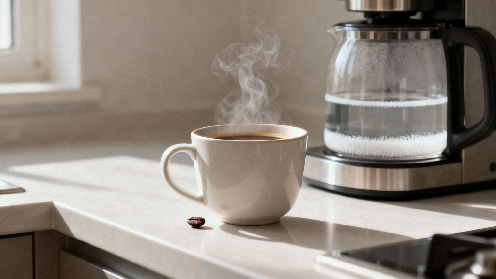 A steaming hot coffee mug and bean on a counter, with a coffee maker showing water residue.