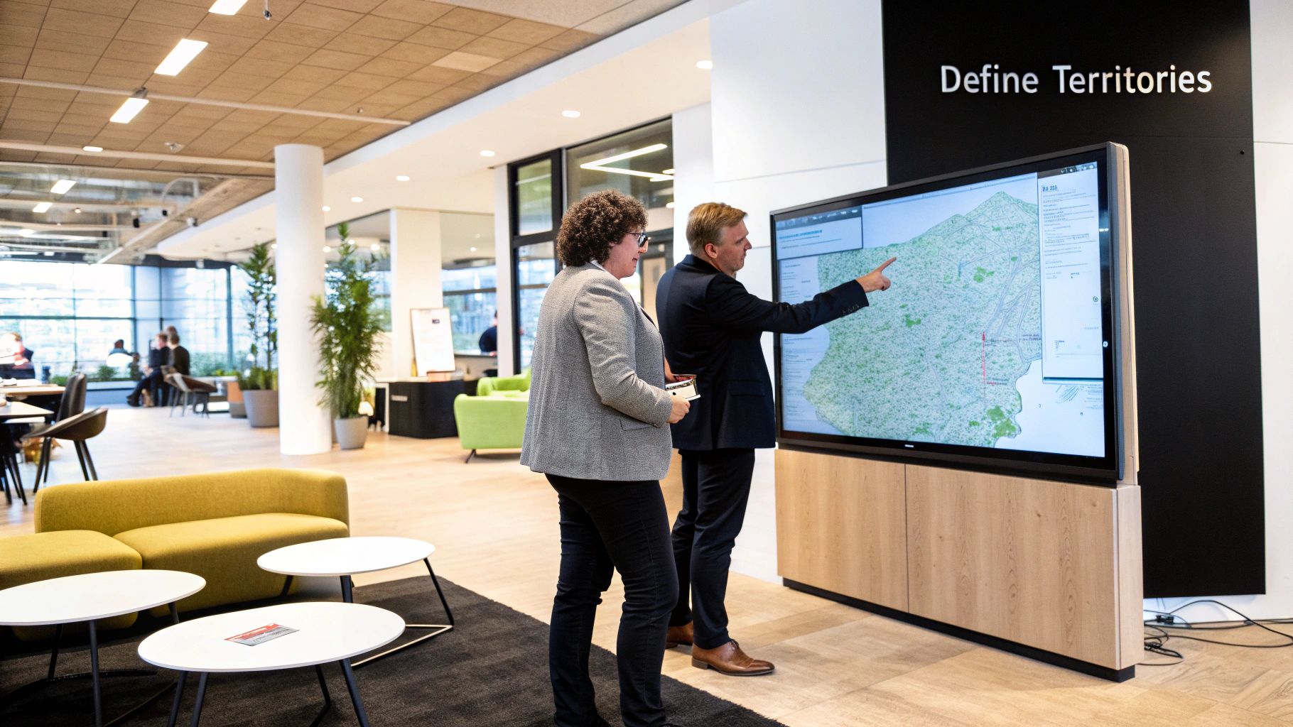 A sales team collaborates around a large map, indicating the strategic process of territory planning.