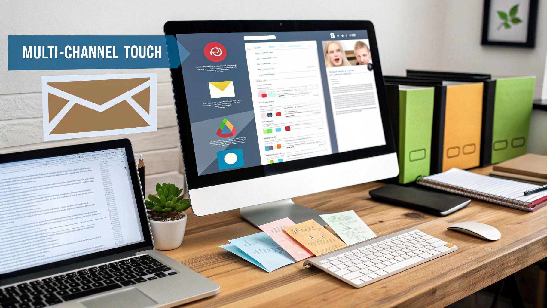 An illustration showing a coordinated, multi-channel campaign reaching a target account through various touchpoints like social media, email, and advertising.