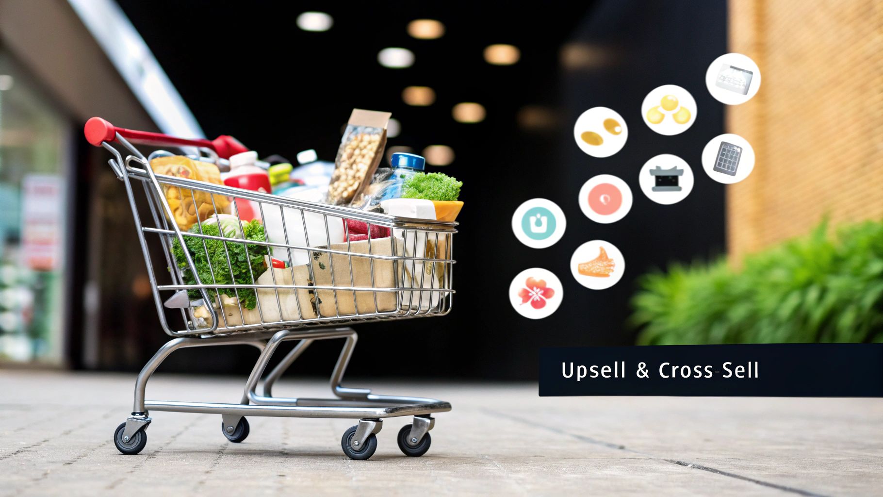 An infographic illustrating the difference between upselling and cross-selling, with icons representing products and arrows showing the upgrade or additional purchase path.
