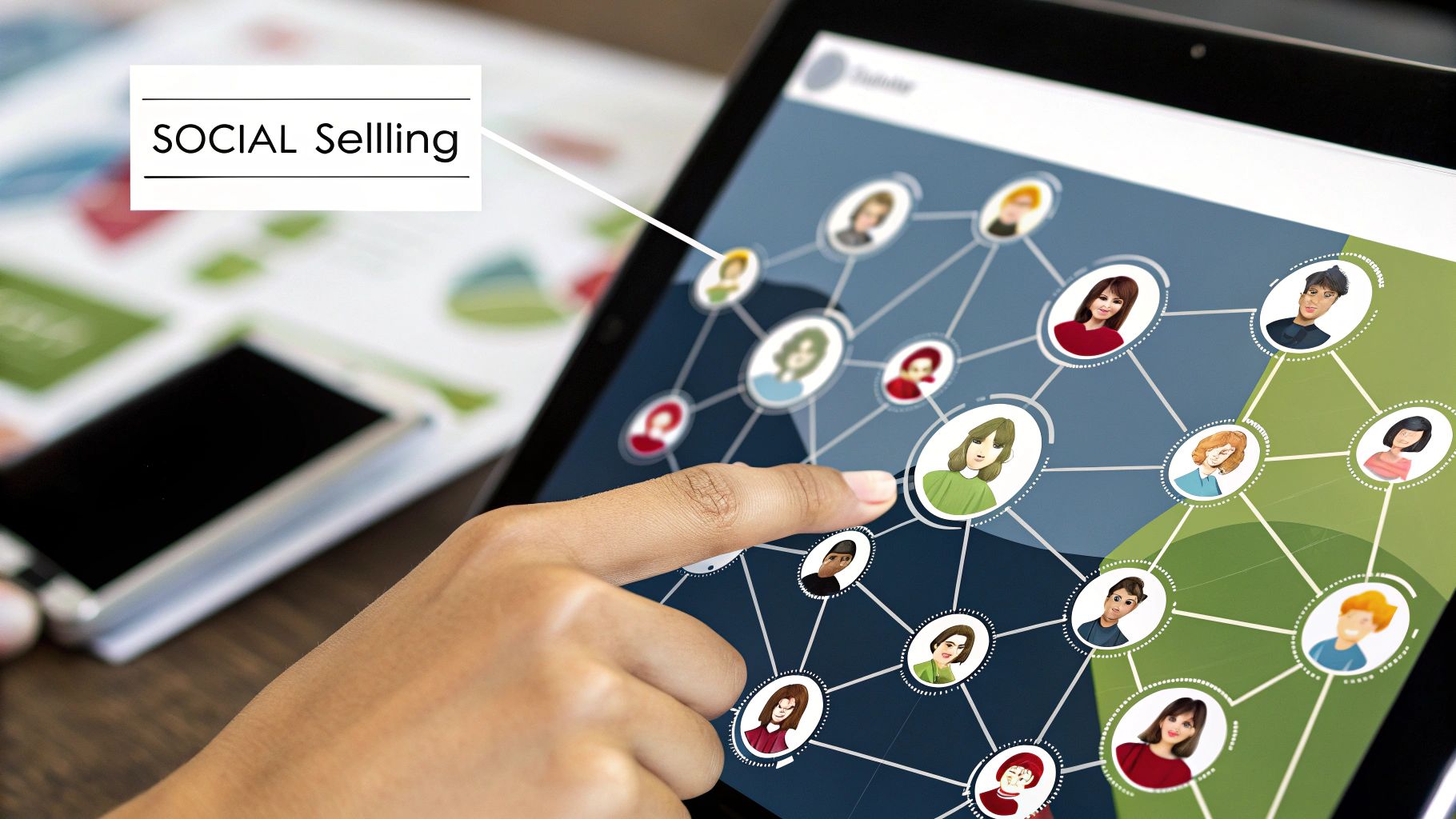 Image showing key elements of social selling including an optimized profile, content sharing, and engaging with prospects.