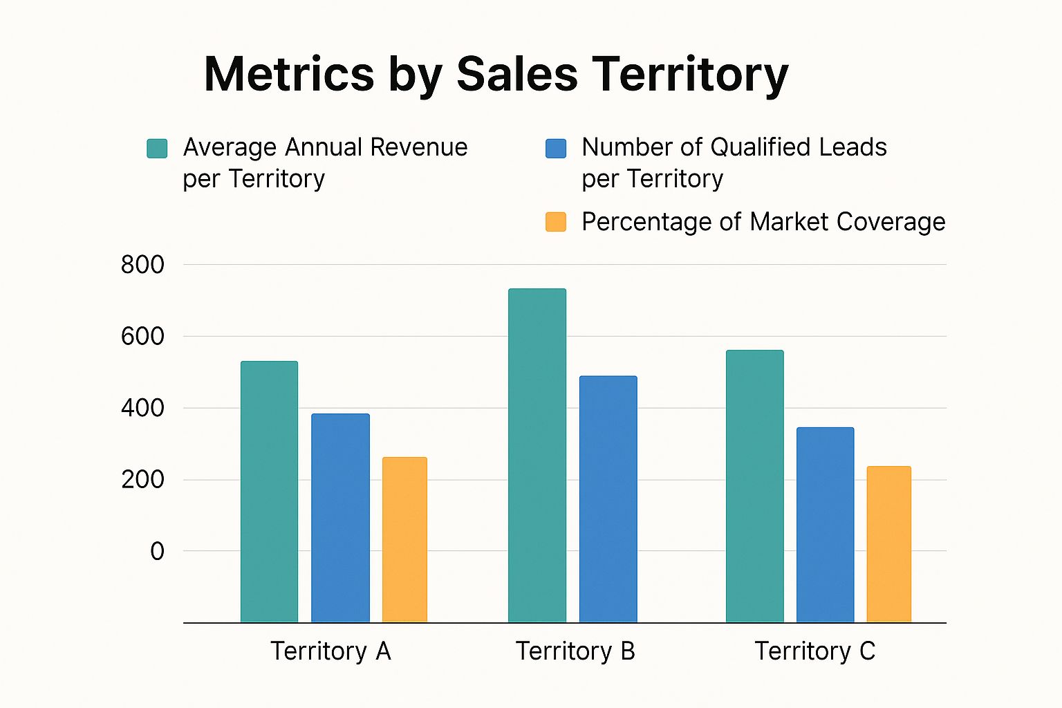 Infographic bar chart comparing sales territories by average annual revenue, number of qualified leads, and market coverage.