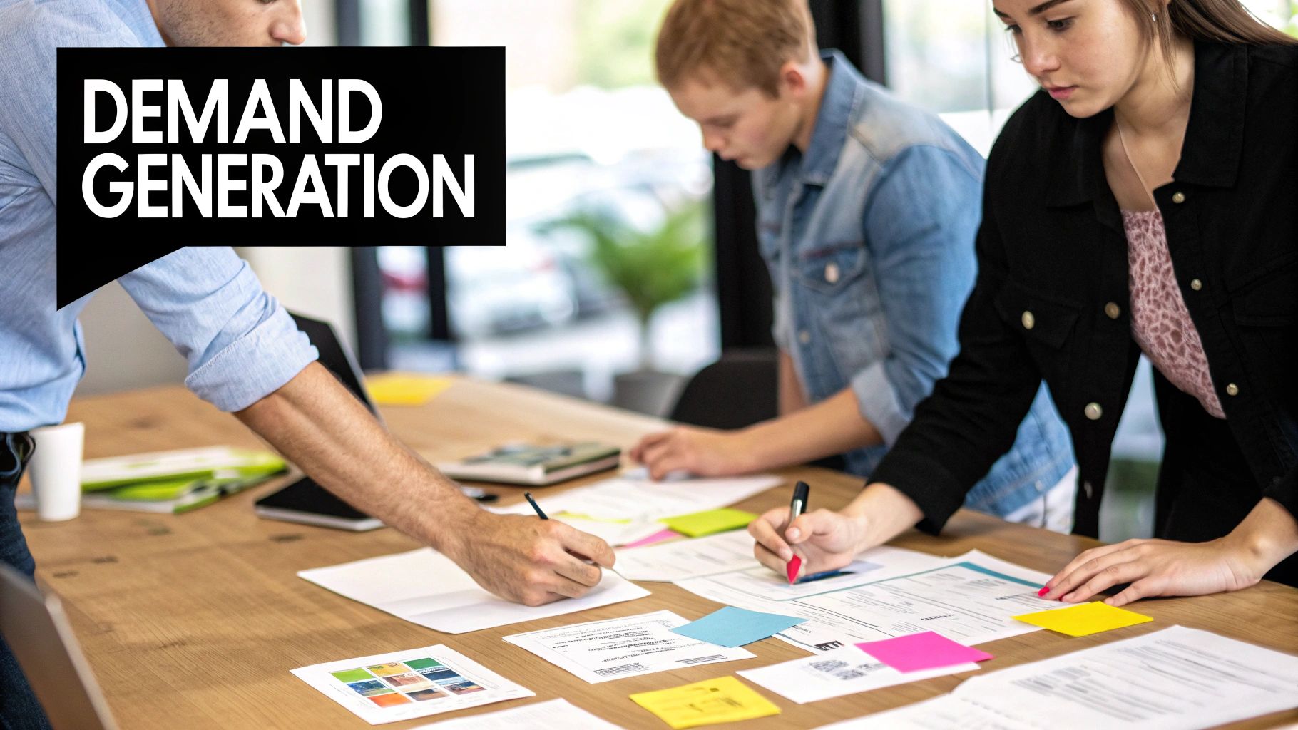 Woman sitting at a table with a laptop and brainstorming demand generation ideas on sticky notes