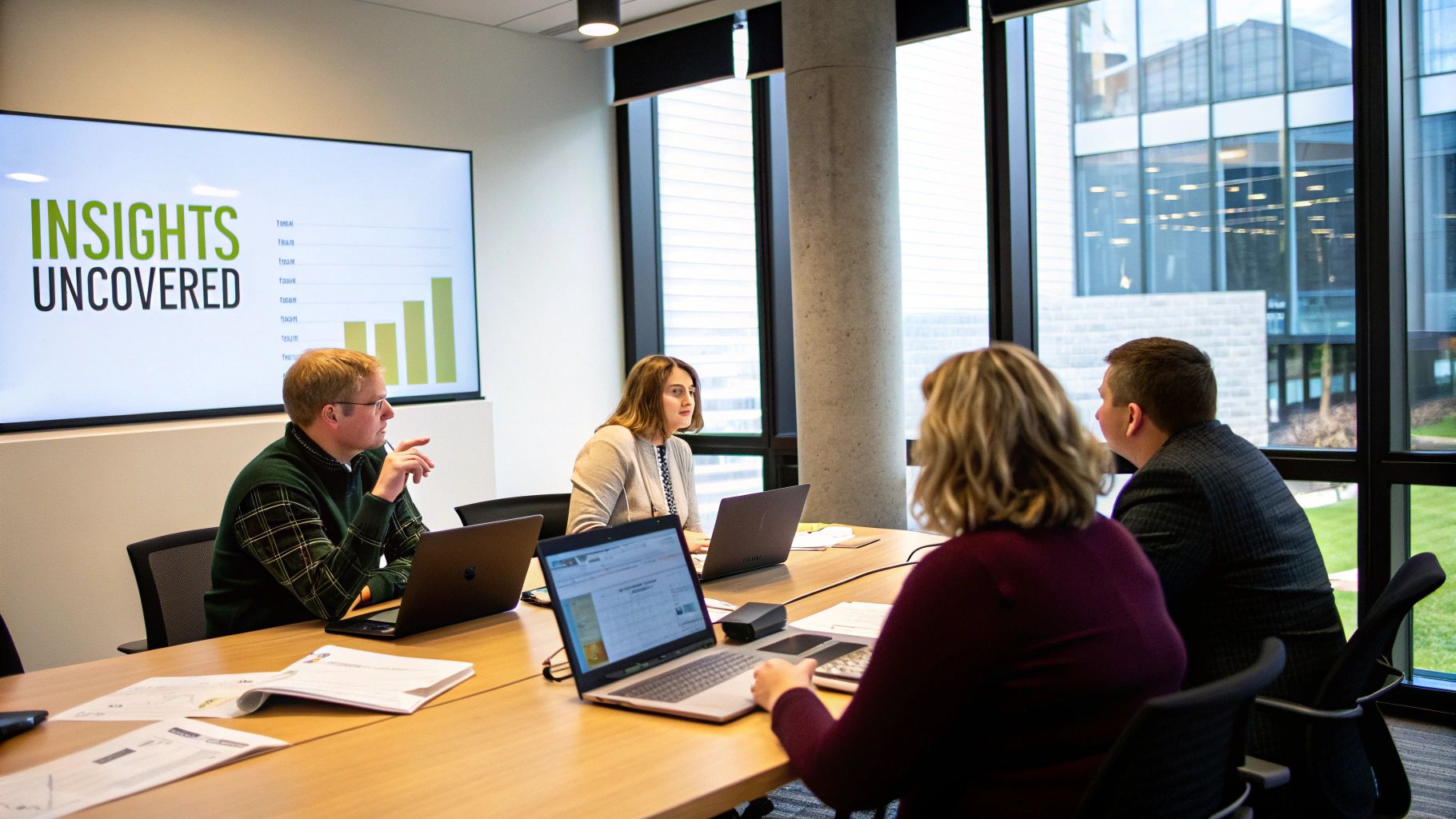A group of startup founders analyzing charts and data on a large screen, turning insights into actionable strategies.