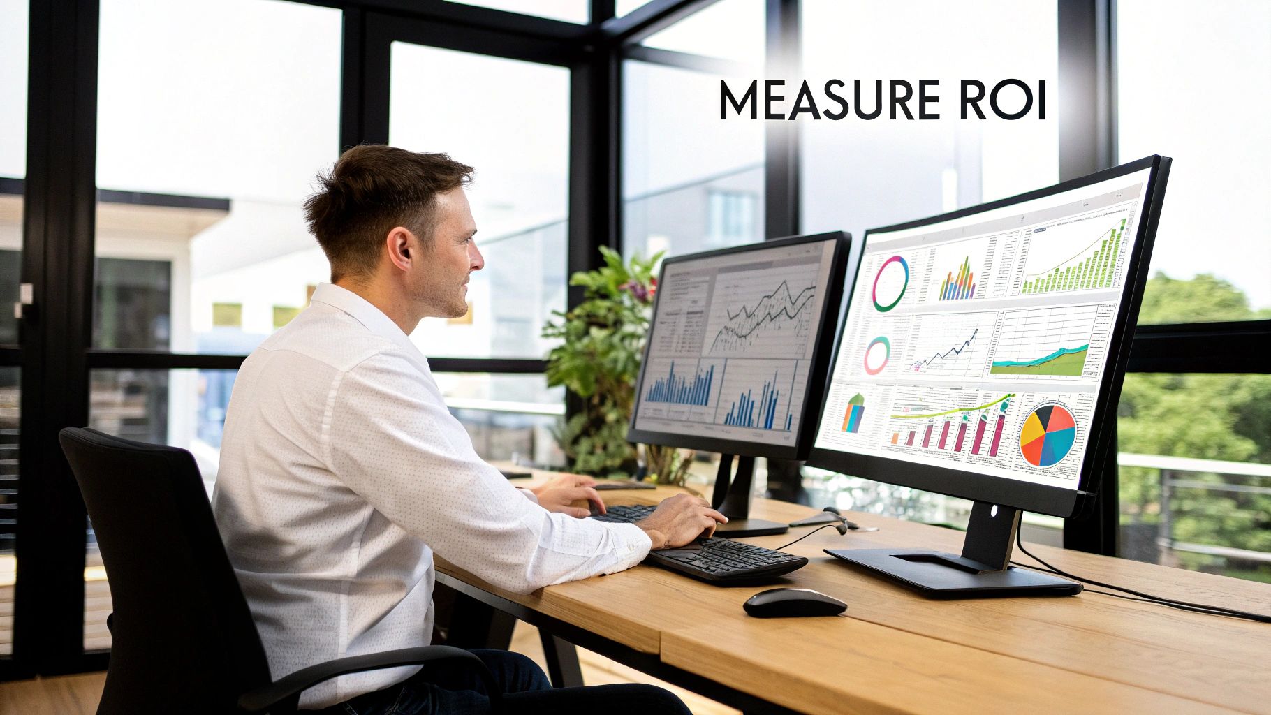 A person analyzing graphs and charts on a computer screen, representing ROI measurement.