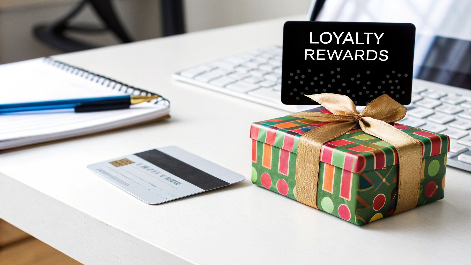 A graphic illustrating the concept of Loyalty Programs and Rewards Systems, showing customers receiving rewards and points for their purchases.