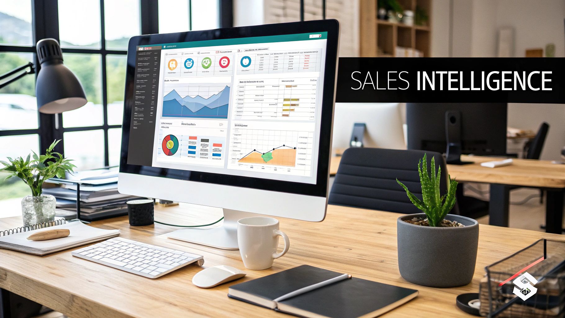 A sales team in a meeting room, looking at data visualizations that represent sales intelligence insights.