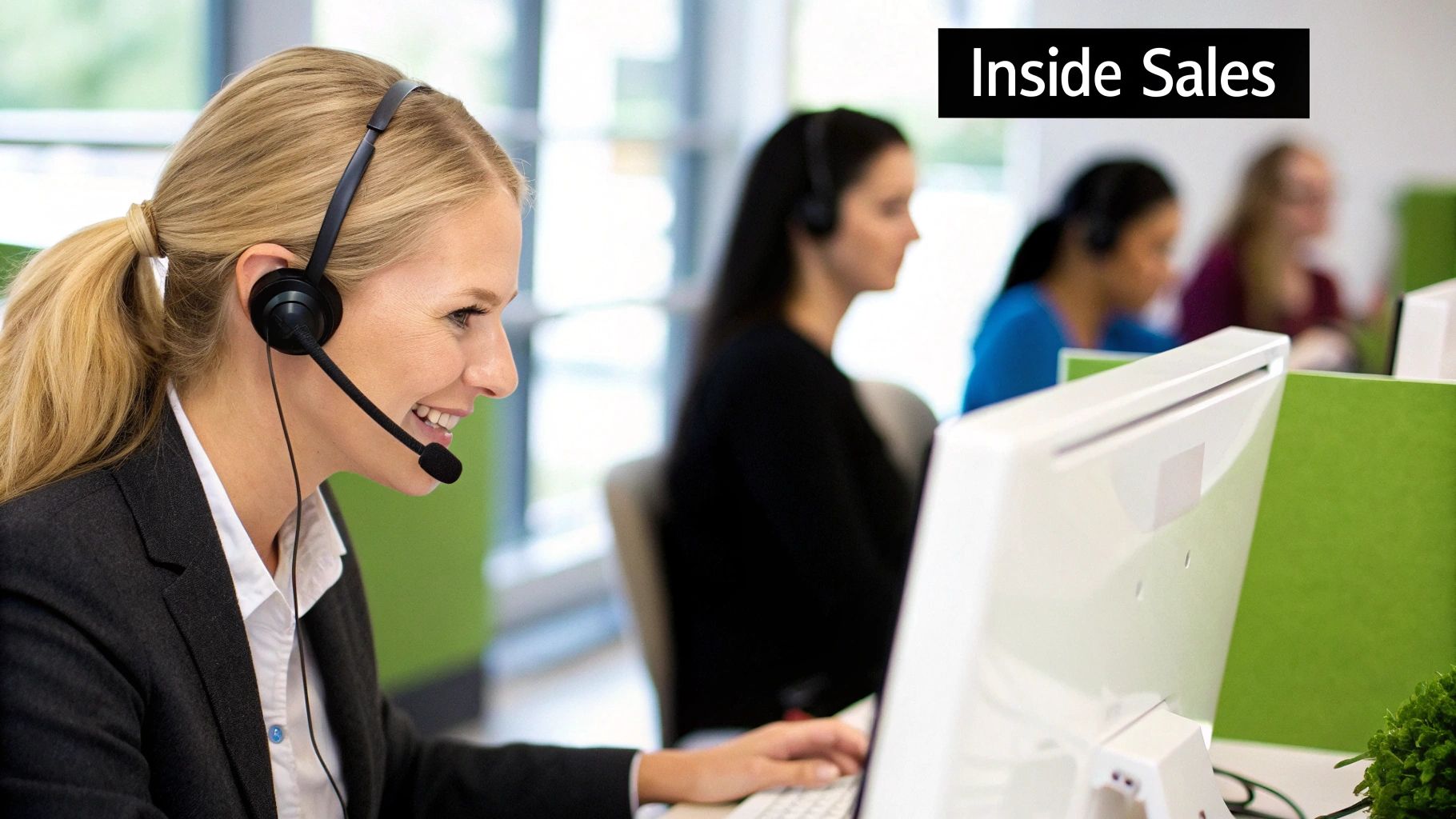 An inside sales rep working at their desk and an outside sales rep meeting a client in person