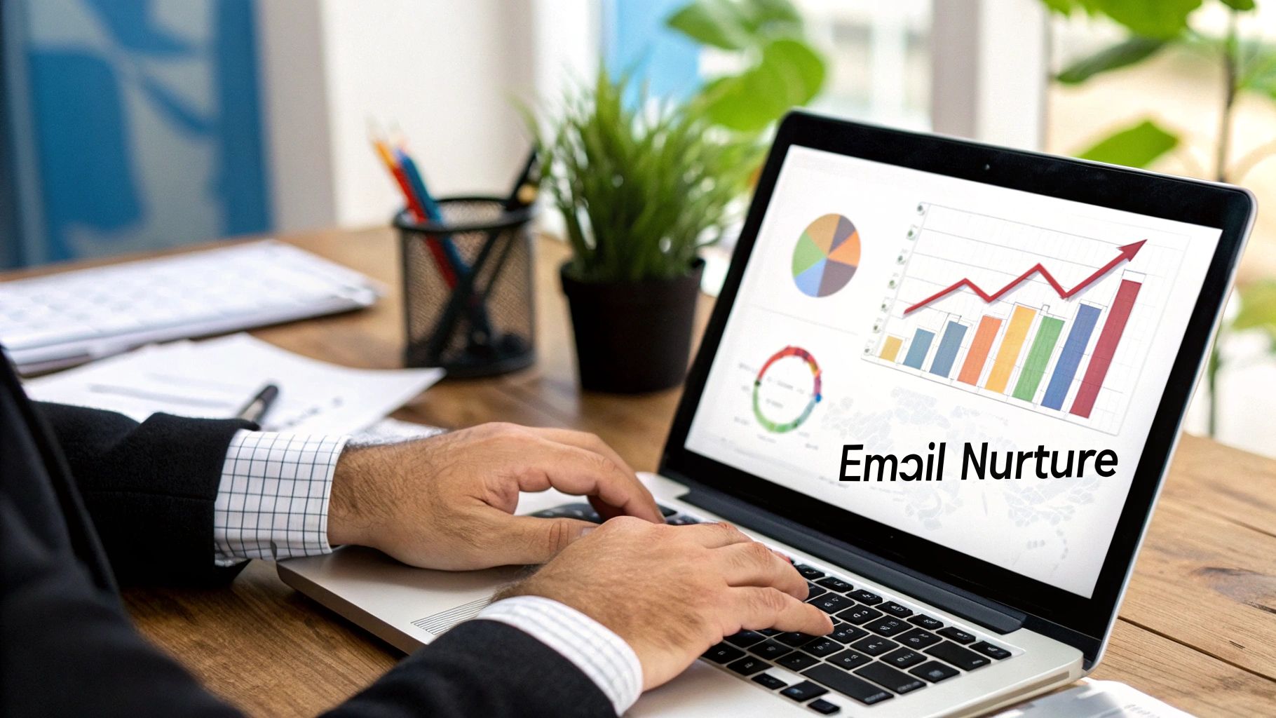 A person designing a high-converting landing page on a computer, with various lead magnet icons around them.