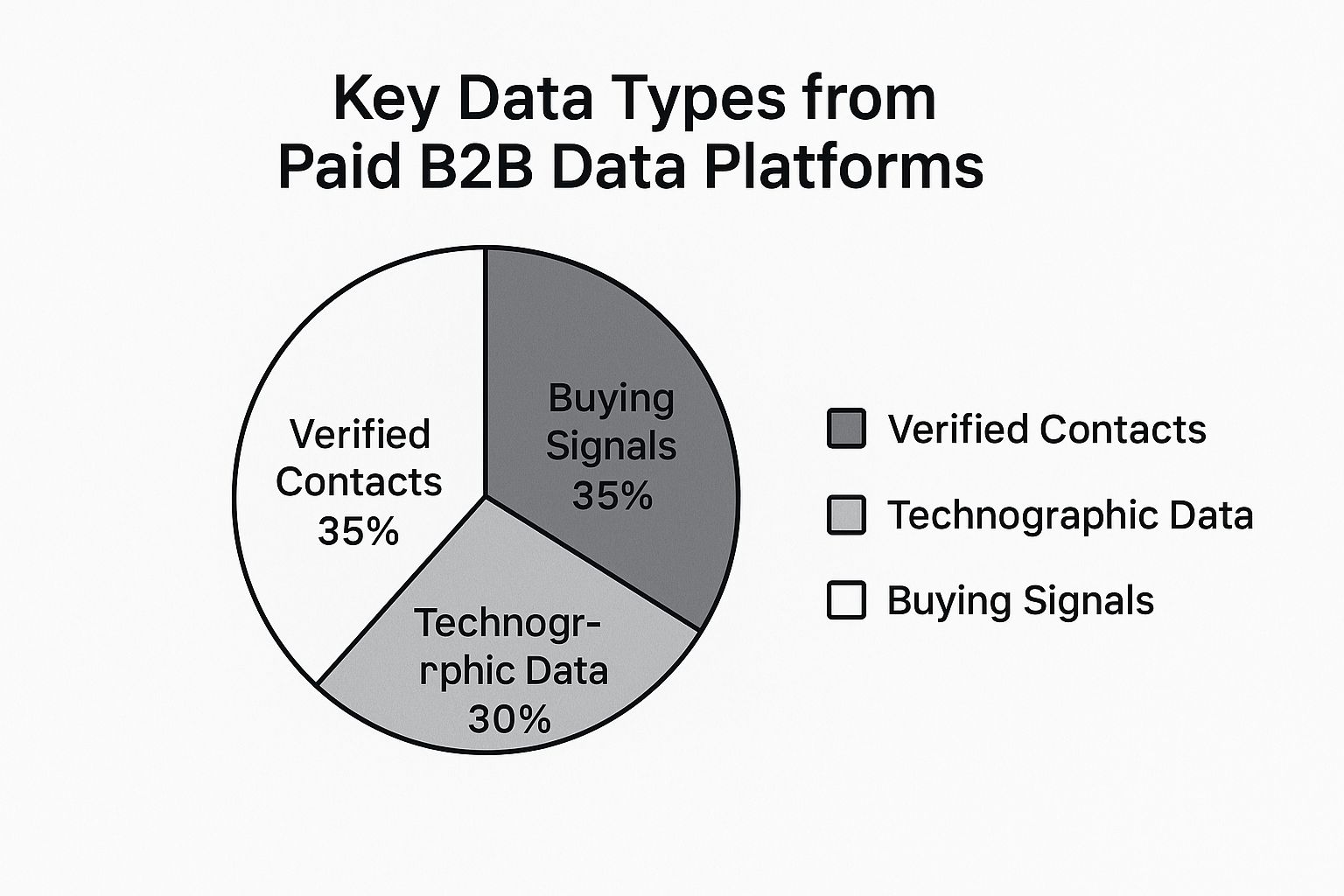 An infographic pie chart showing that paid B2B data platforms provide Verified Contacts (35%), Technographic Data (30%), and Buying Signals (35%).