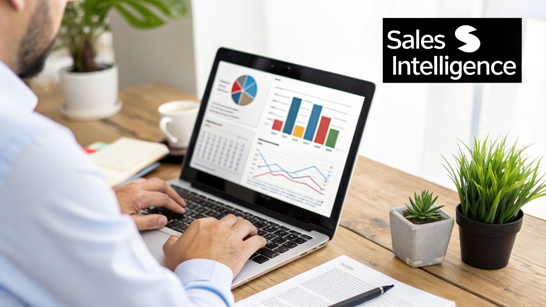 A sales professional analyzes complex data charts on a tablet, representing sales intelligence in action.