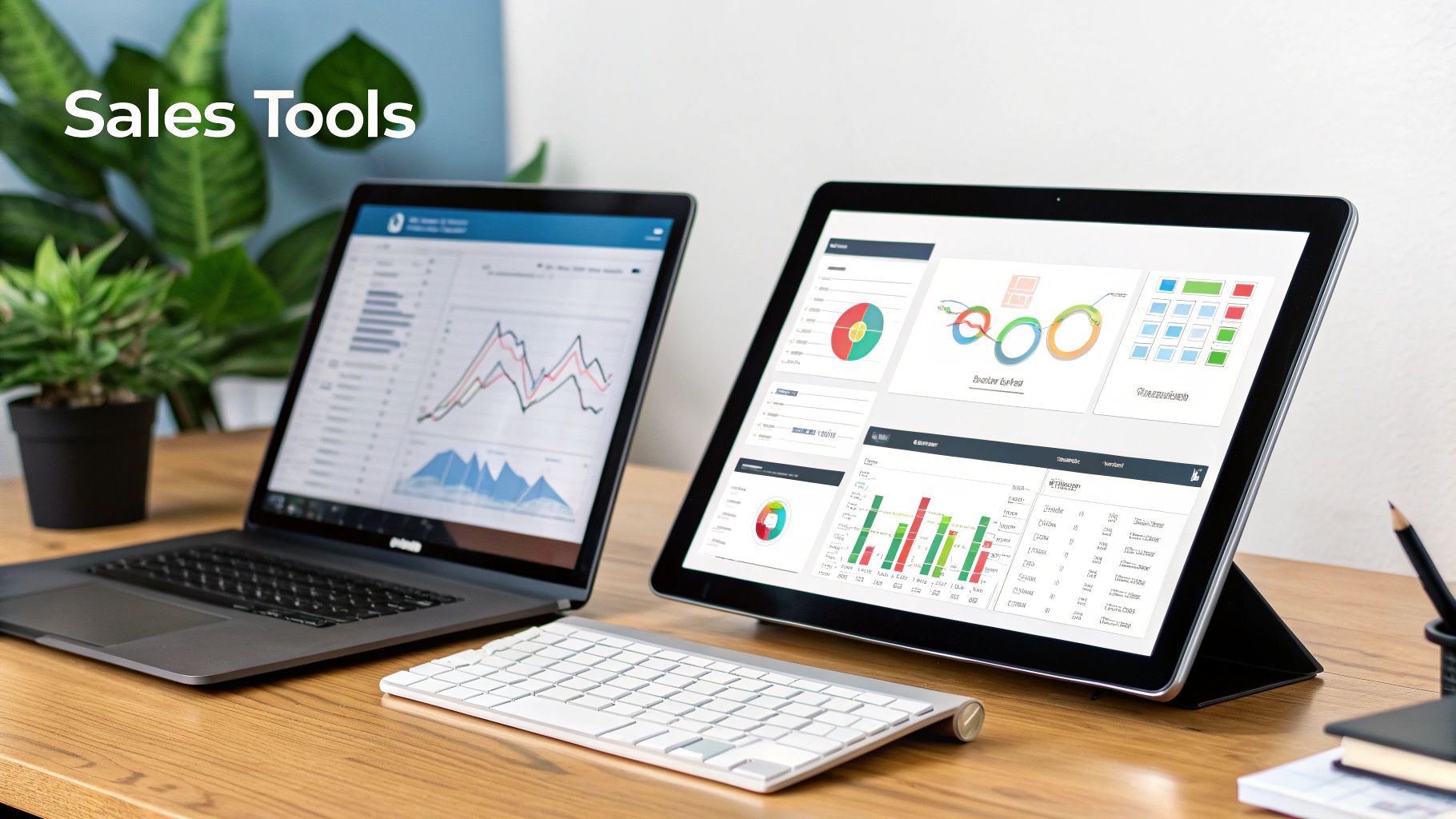 A B2B sales professional using a tablet to analyze sales intelligence data, with charts and graphs reflecting market trends.