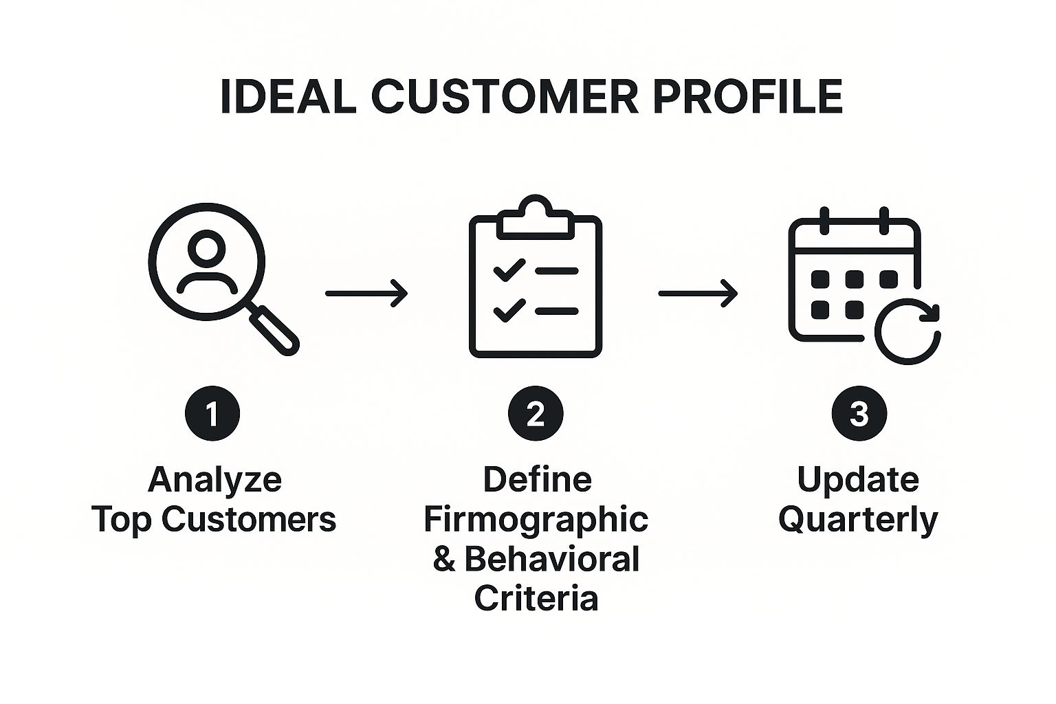 Infographic showing the 3-step process to develop an Ideal Customer Profile, including analyzing top customers, defining criteria, and updating quarterly.