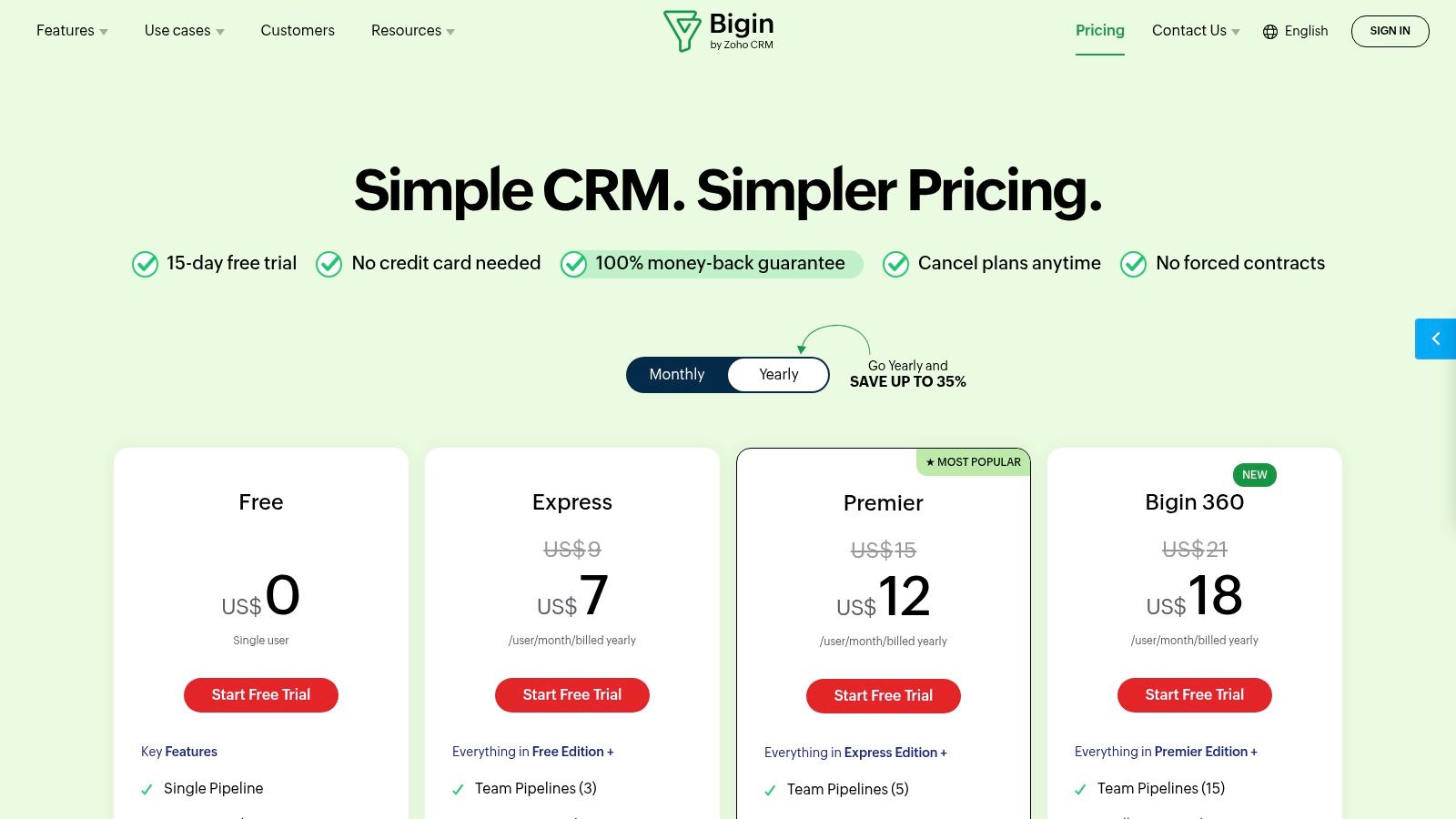 Bigin by Zoho CRM (Free plan)