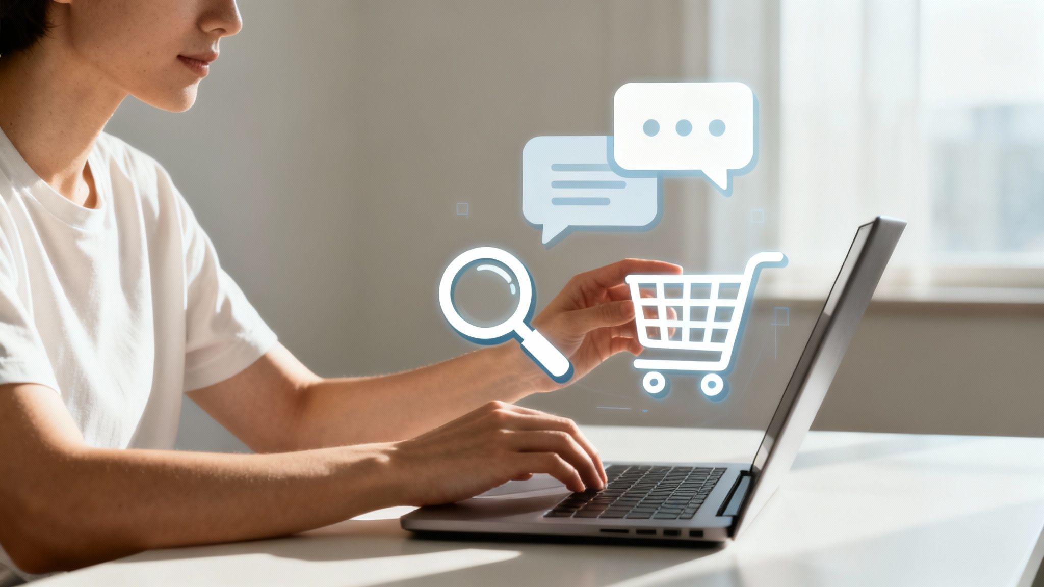 Eine Person arbeitet an einem Laptop an einer digitalen Marketingstrategie, umgeben von Icons für Social Media, E-Mail und SEO.