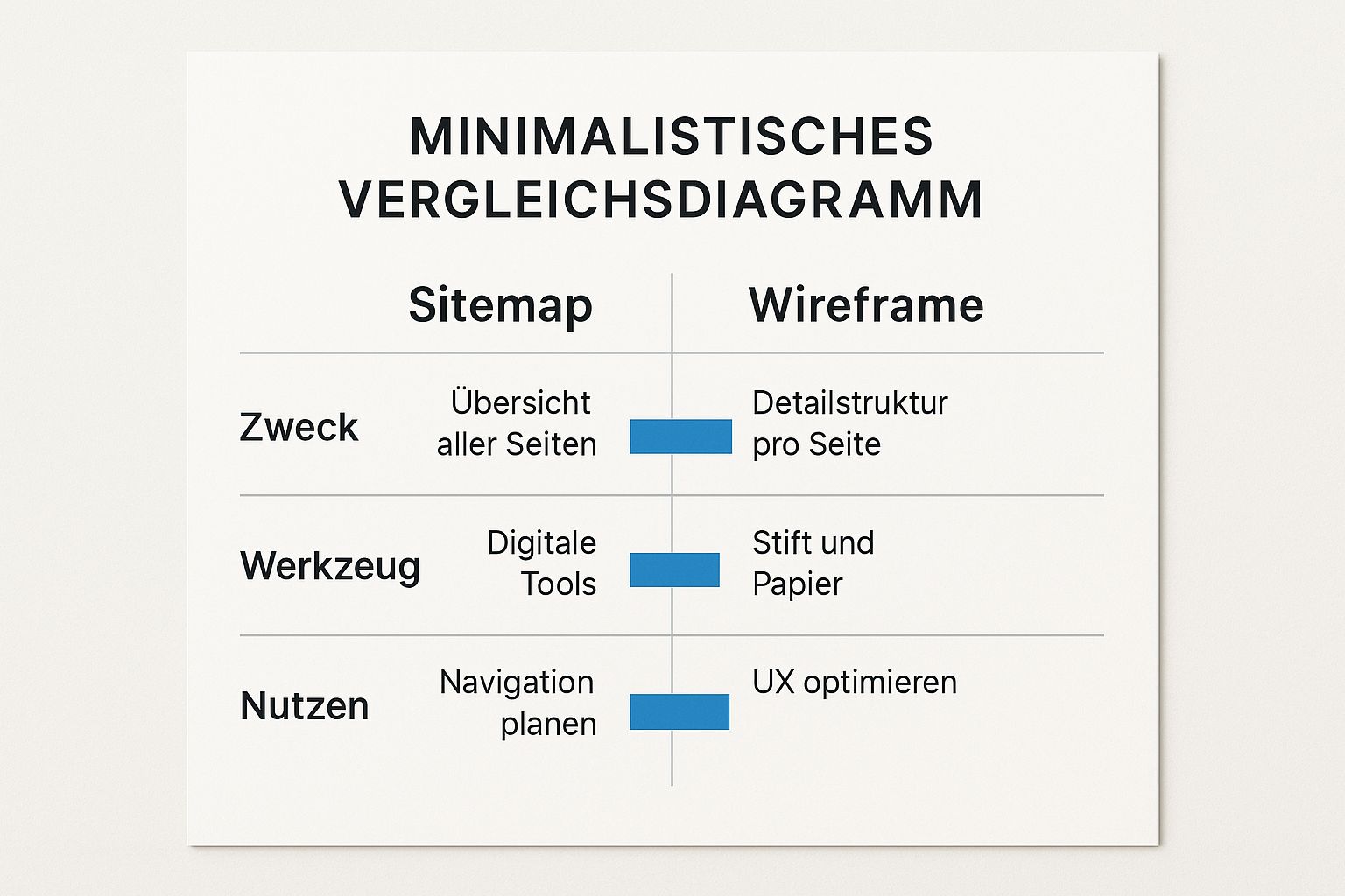 Infografik die den Zweck, die Werkzeuge und den Nutzen von Sitemaps und Wireframes vergleicht