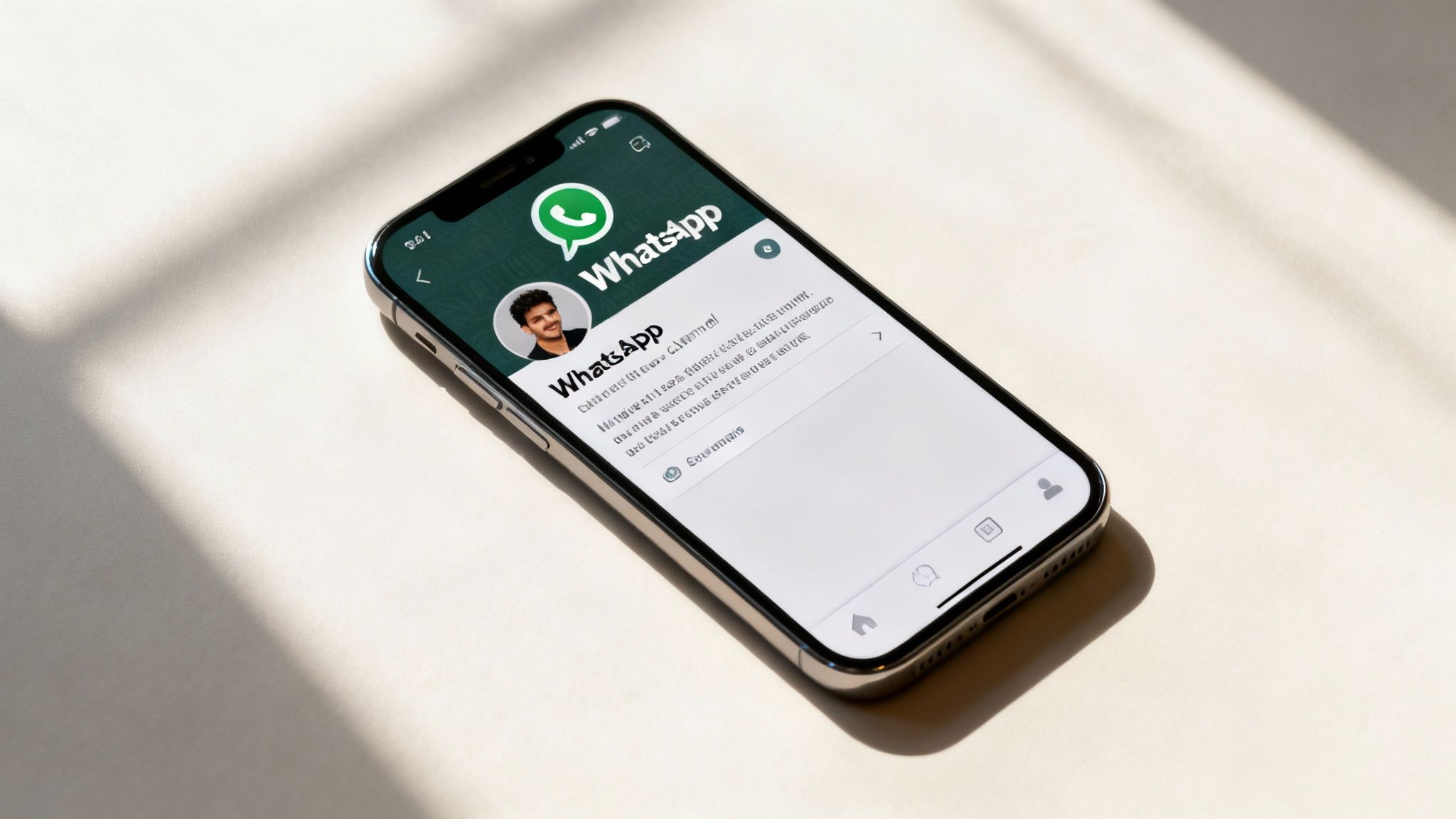 Ein Smartphone-Display, das die Profil-Bearbeitungsansicht eines WhatsApp-Kanals zeigt, mit Platzhaltern für Profilbild, Name und Beschreibung.