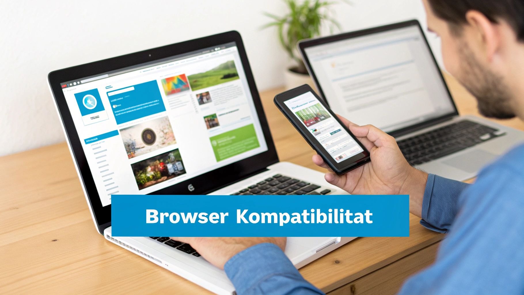 Infografik, die das Cross-Browser & Device Testing mit verschiedenen Geräten und Browser-Logos darstellt
