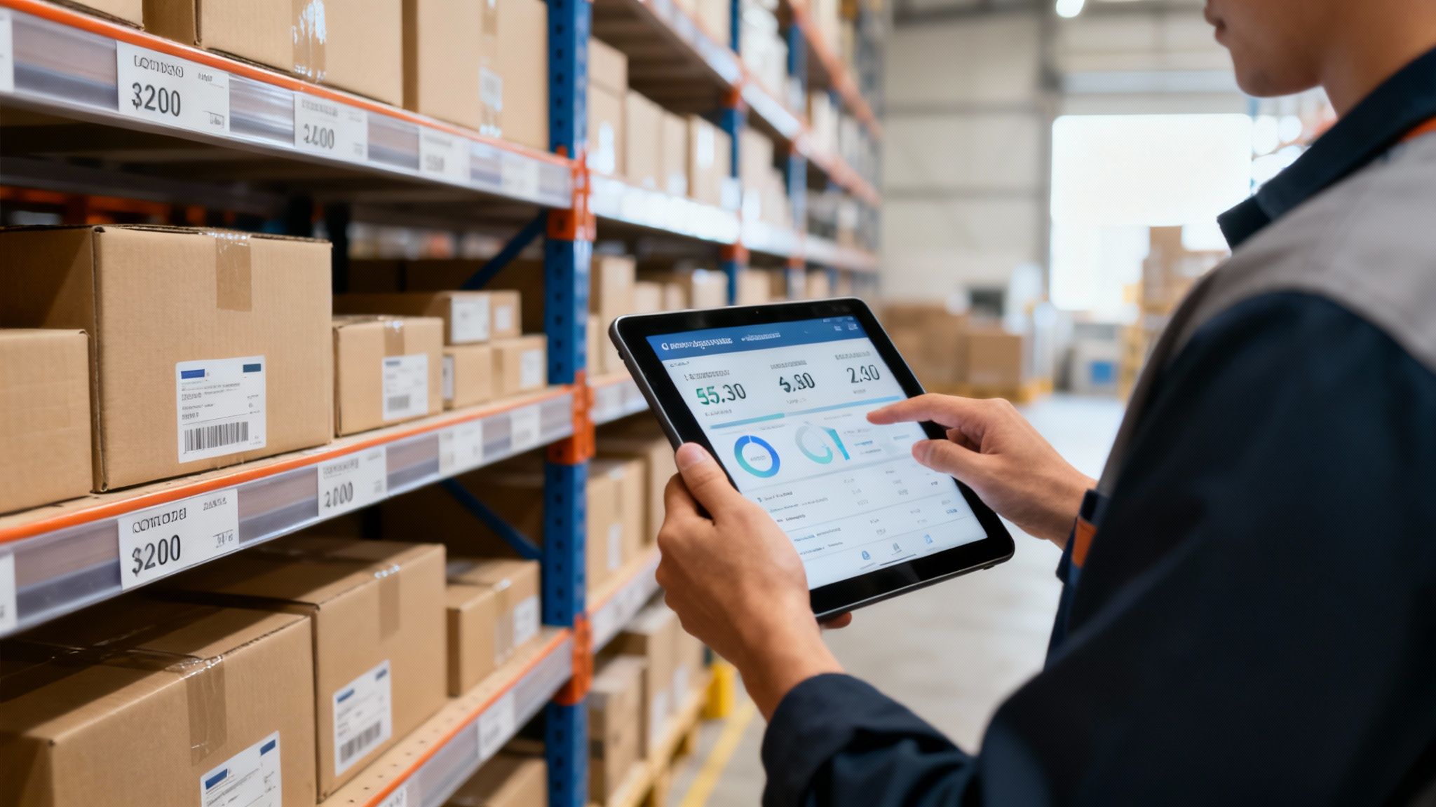 Eine Person, die an einem Schreibtisch sitzt und mit einem Warenwirtschaftssystem auf einem Computer interagiert, um die Effizienz zu steigern.