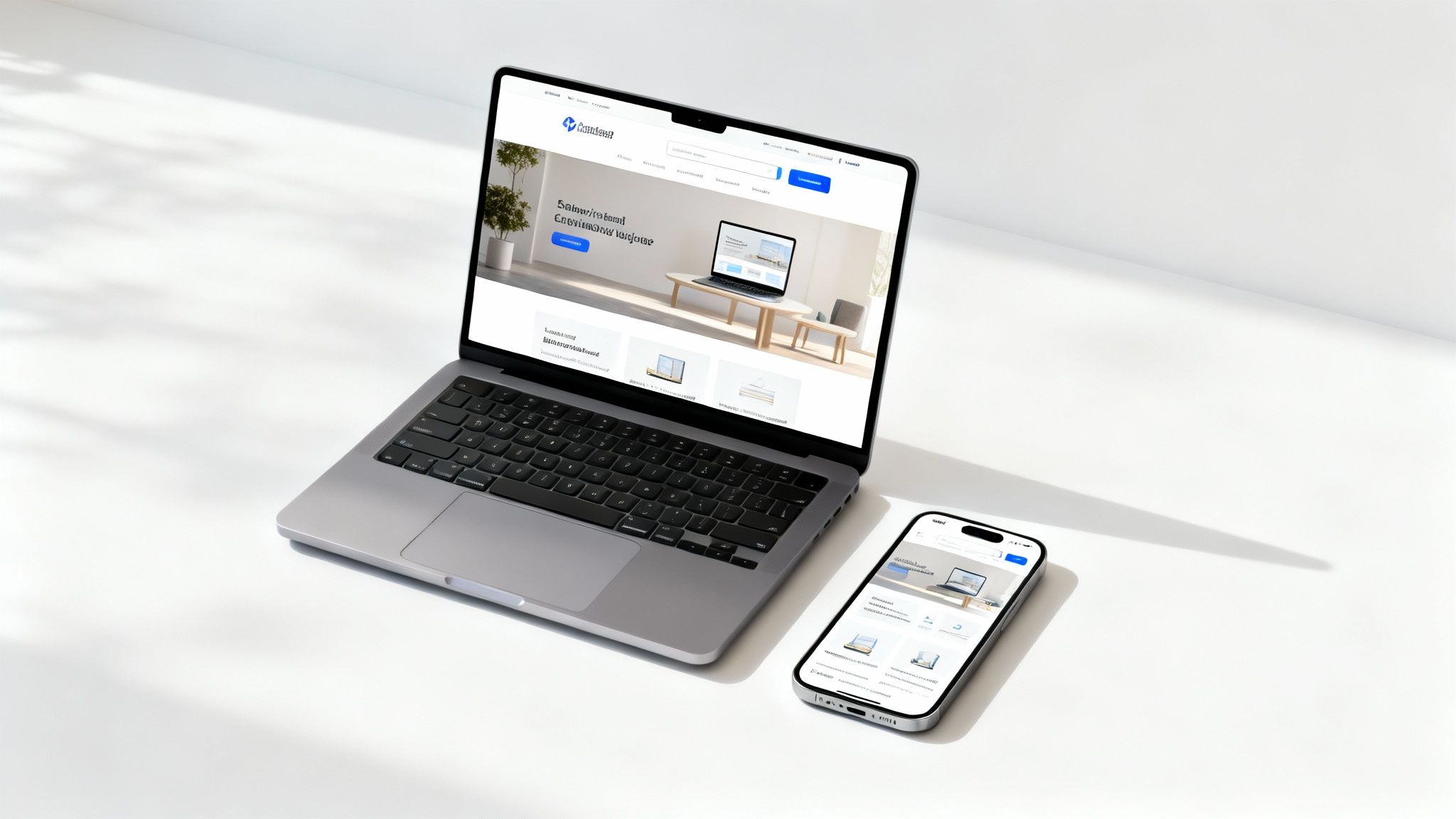 Eine Designerin arbeitet an einem responsiven Webdesign auf mehreren Bildschirmen (Desktop, Tablet, Smartphone)