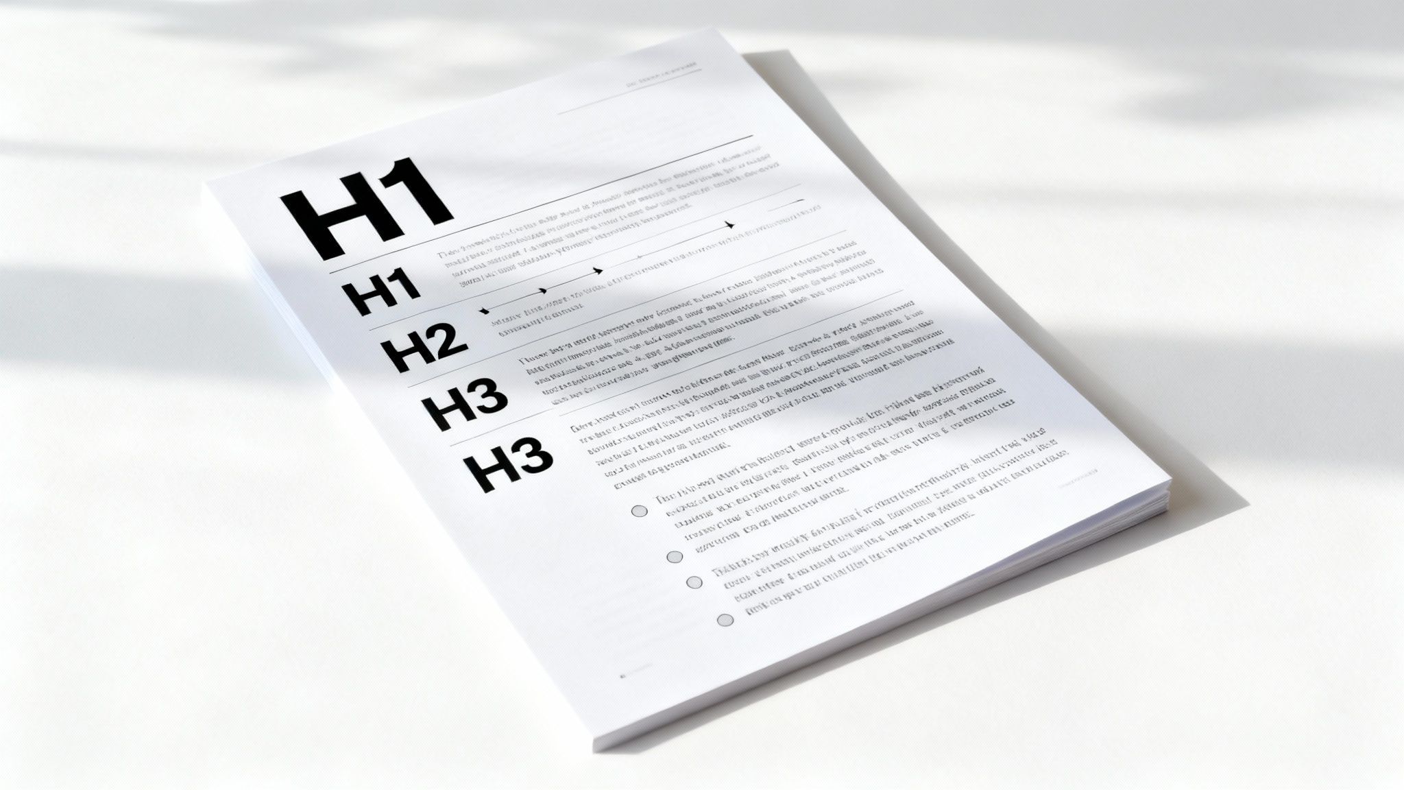 Ein Diagramm, das die Struktur eines SEO-Textes mit H1-, H2- und H3-Überschriftendarstellt.