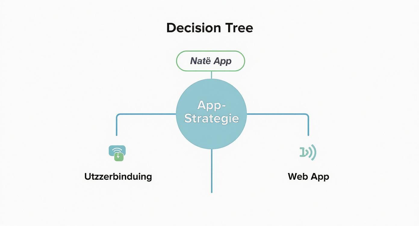 Infografik, die einen Entscheidungsbaum zur Wahl zwischen nativer App und Web-App darstellt, basierend auf Nutzerbindung versus Reichweite.