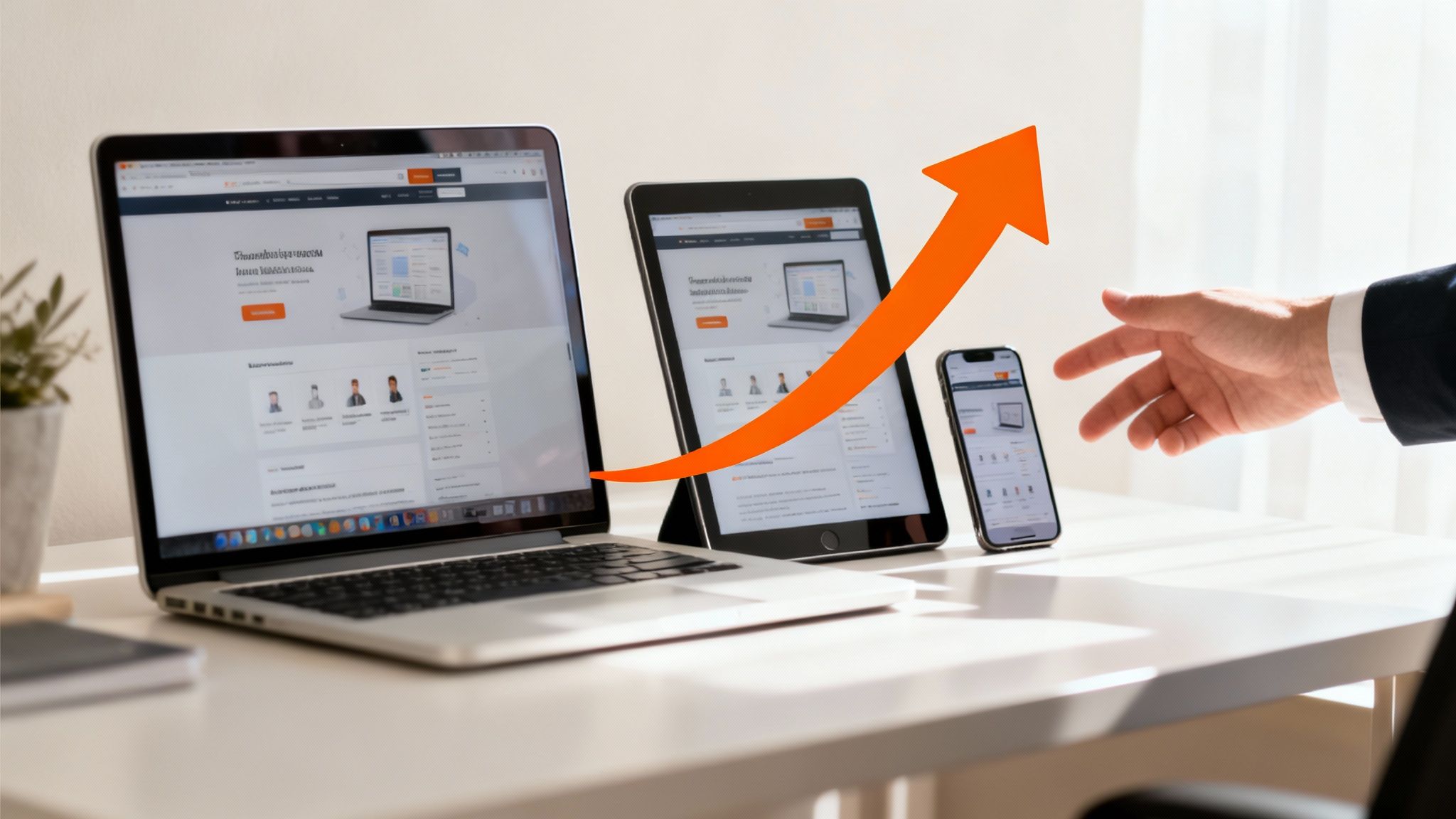 Eine Person hält ein Smartphone, auf dem eine Website mit Statistiken und Diagrammen angezeigt wird, was den geschäftlichen Erfolg symbolisiert.