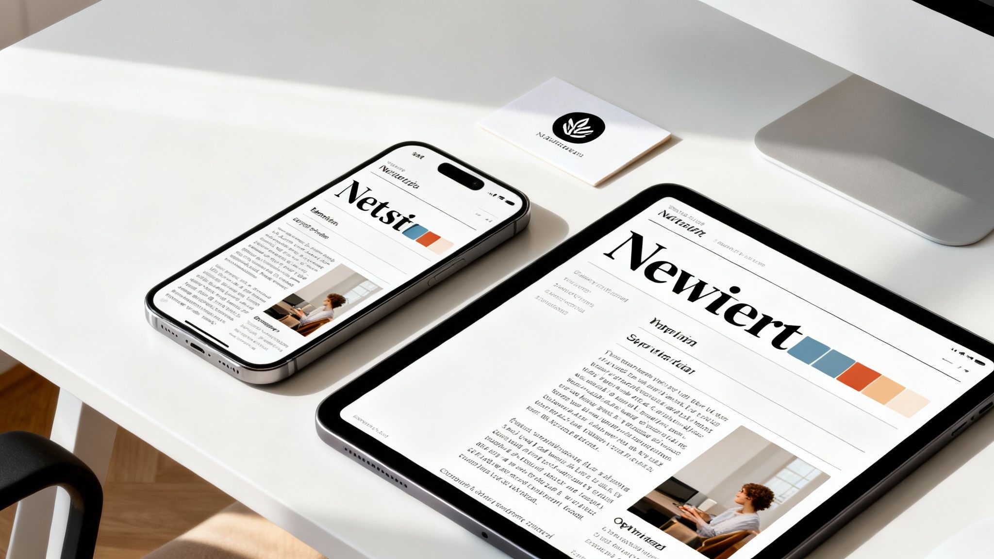 Eine Person überprüft das Newsletter-Design auf verschiedenen Geräten wie Laptop, Tablet und Smartphone