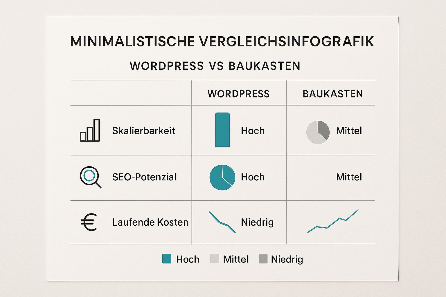 Infografik zum Vergleich von WordPress und Homepage-Baukästen hinsichtlich Skalierbarkeit, SEO-Potenzial und laufenden Kosten.