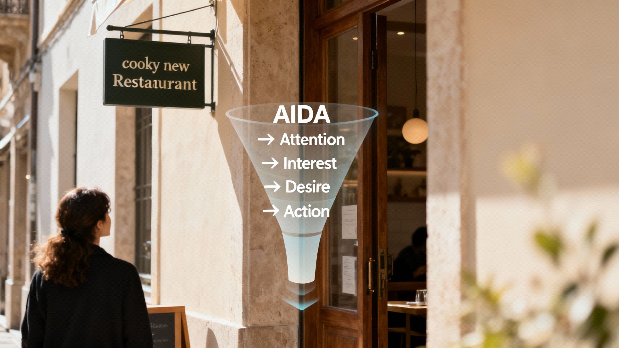 Eine stilisierte Darstellung des AIDA-Funnels mit den Phasen Aufmerksamkeit, Interesse, Wunsch und Handlung.